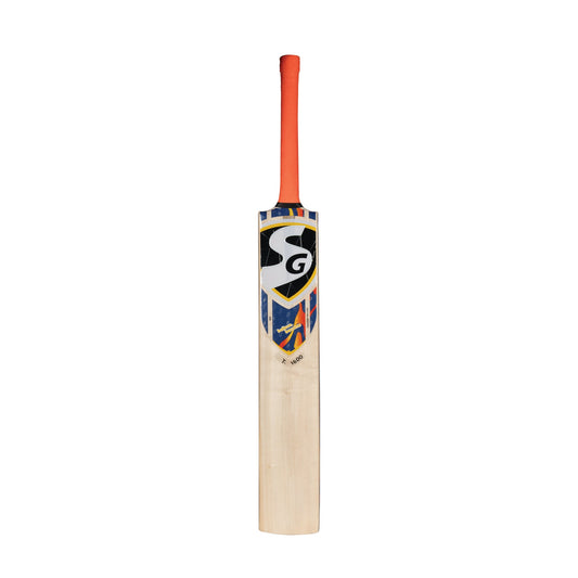 SG Kashmir Willow Scoop Cricket Bat T-1600 with tennis ball, showing the bat's curved scoop design and branding details.