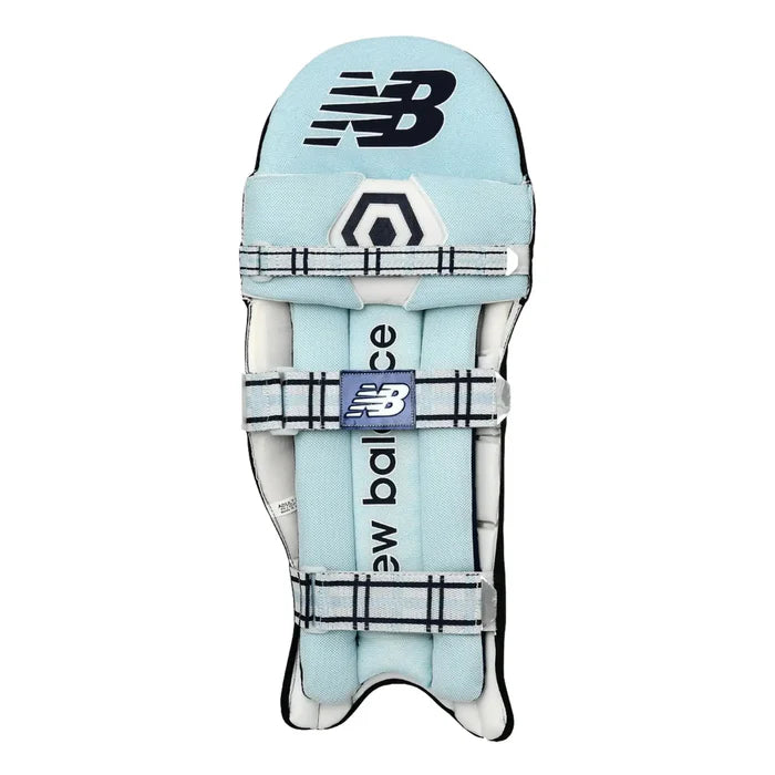 Navy blue New Balance TC 8i cricket batting pads with black accents, designed as legguards for cricket players.