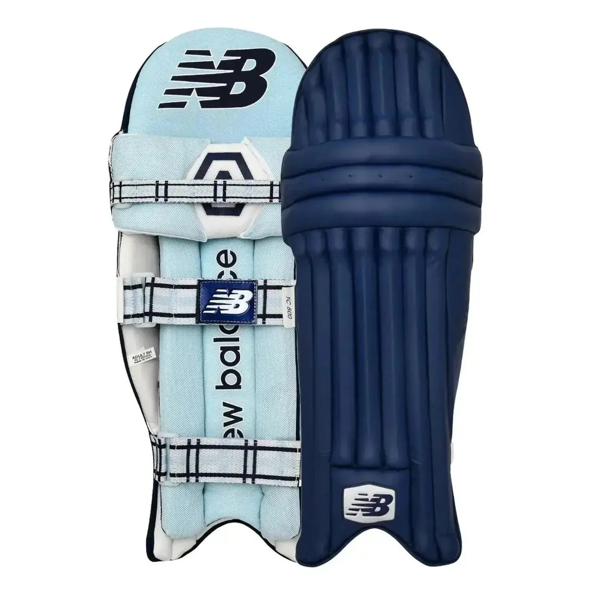 Navy blue New Balance TC 8i cricket batting pads with legguard design, made by Cric Studio Canada, shown on a plain background.