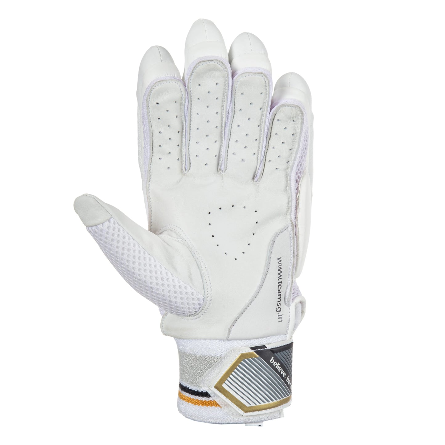 Cric Studio Canada SG Test Pro batting gloves showing black and white design with padded palms and adjustable wrist straps.