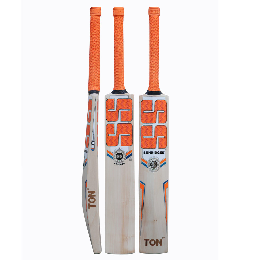 SS English Willow Cricket Bat with orange handle and traditional design, showcasing the bat's blade and grip details.