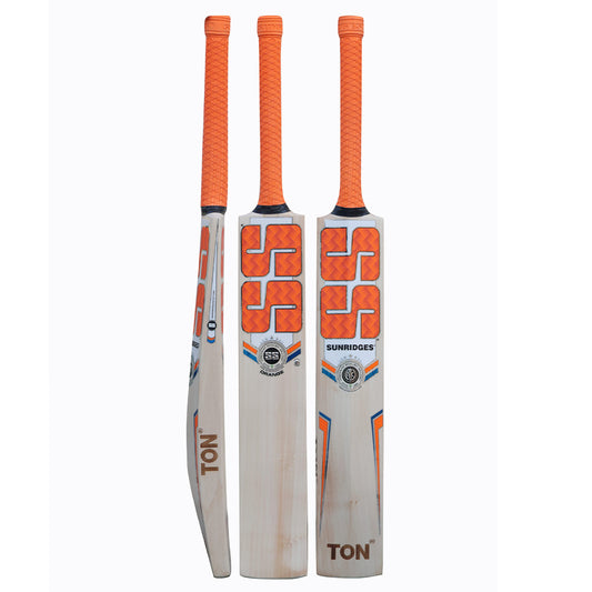 SS English Willow Cricket Bat with orange handle and traditional design, showcasing the bat's blade and grip details.