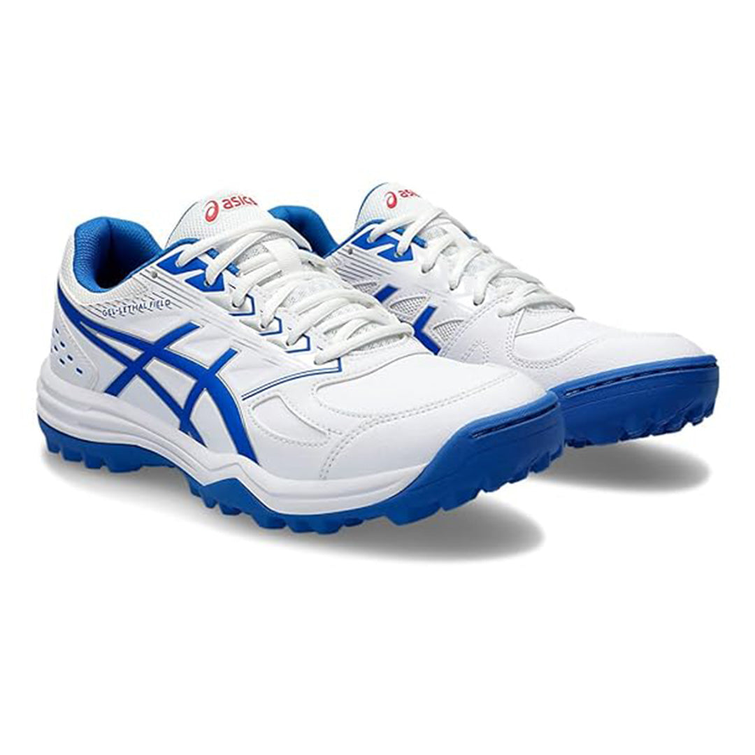Asics Gel Lethal Field cricket shoes with black and white design, featuring cushioned soles and supportive uppers for athletic performance.