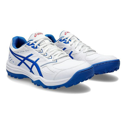 Asics Gel Lethal Field cricket shoes with black and white design, featuring cushioned soles and supportive uppers for athletic performance.