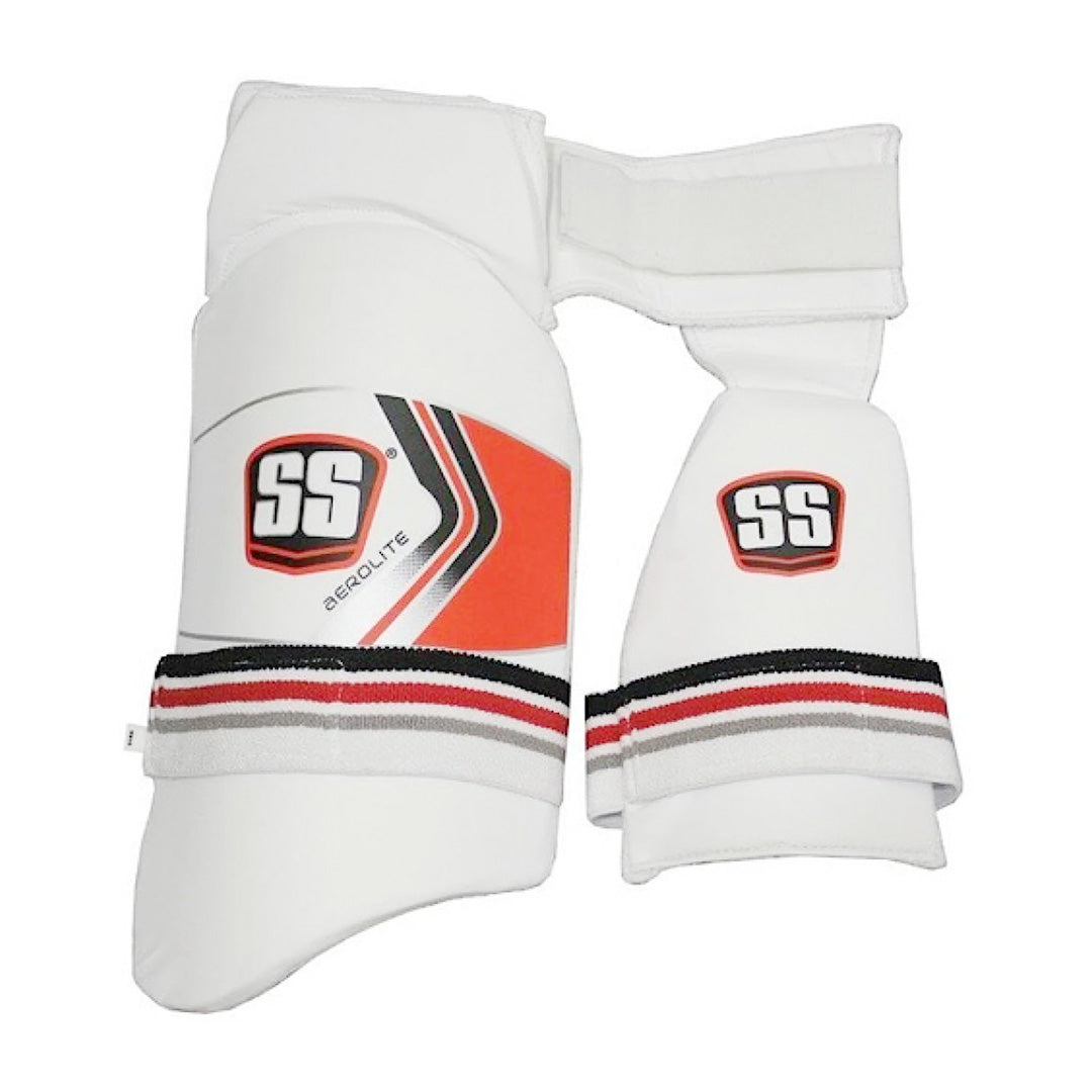 SS Aerolite 2-in-1 thigh guard showing padded protective design for cricket players, with adjustable straps and durable material.