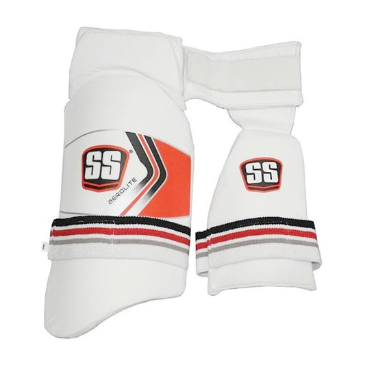 SS Aerolite 2-in-1 thigh guard showing padded protective design for cricket players, with adjustable straps and durable material.
