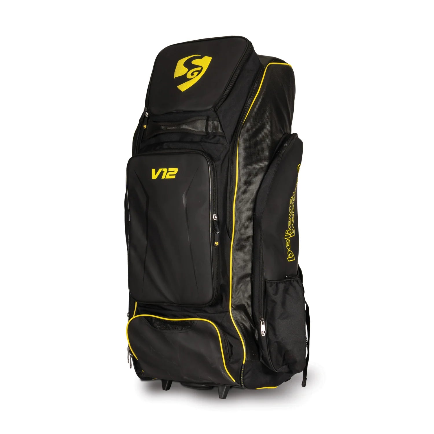 Cric Studio Canada SG V12 Junior Duffle Kitbag in black with blue accents, spacious design, and sturdy handles for sports gear.