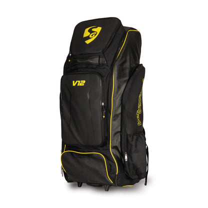 Cric Studio Canada SG V12 Junior Duffle Kitbag in black with blue accents, spacious design, and sturdy handles for sports gear.