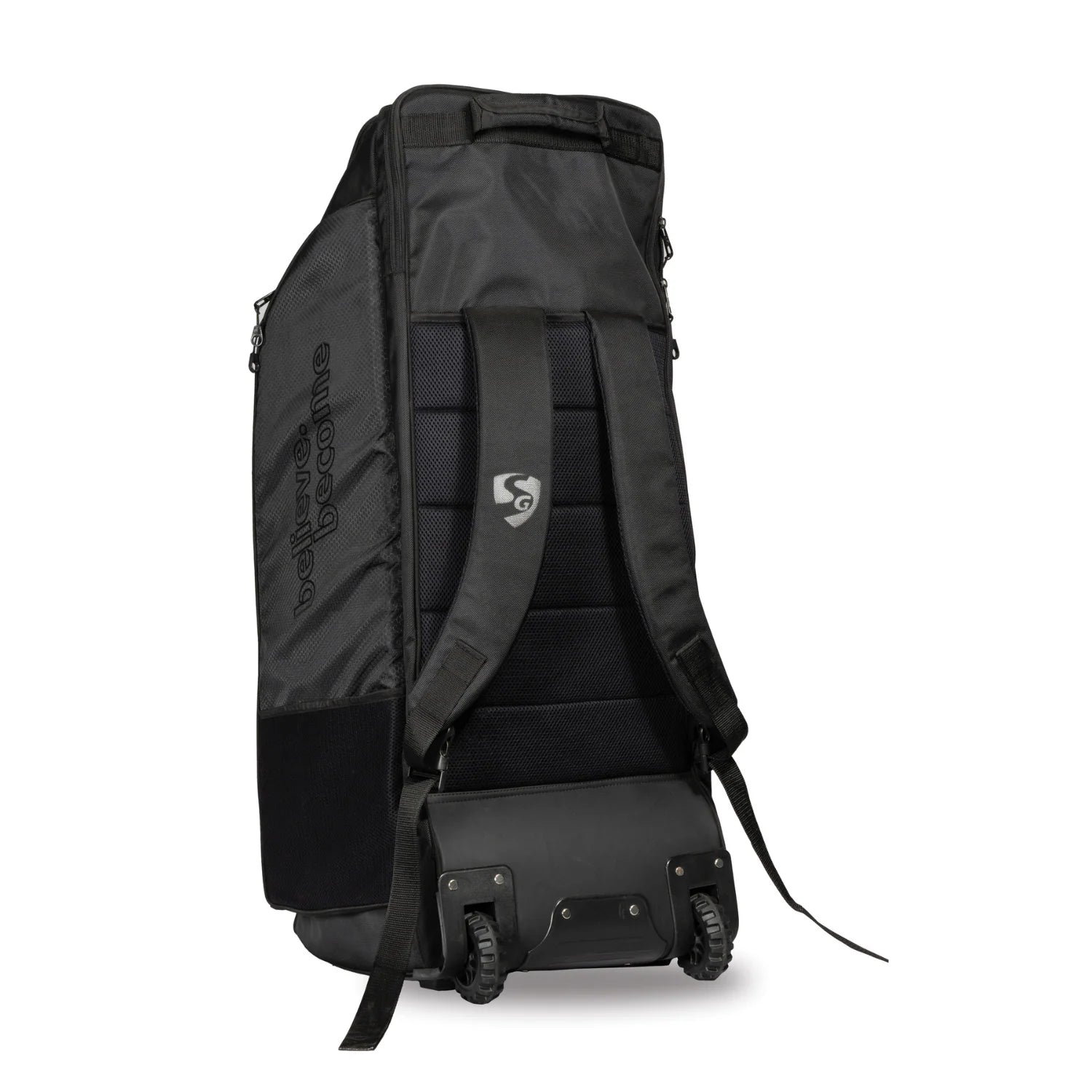 Cric Studio Canada SG KLR Wheelie Duffle Cricket Kit Bag with handles and wheels, black and red design for cricket gear storage