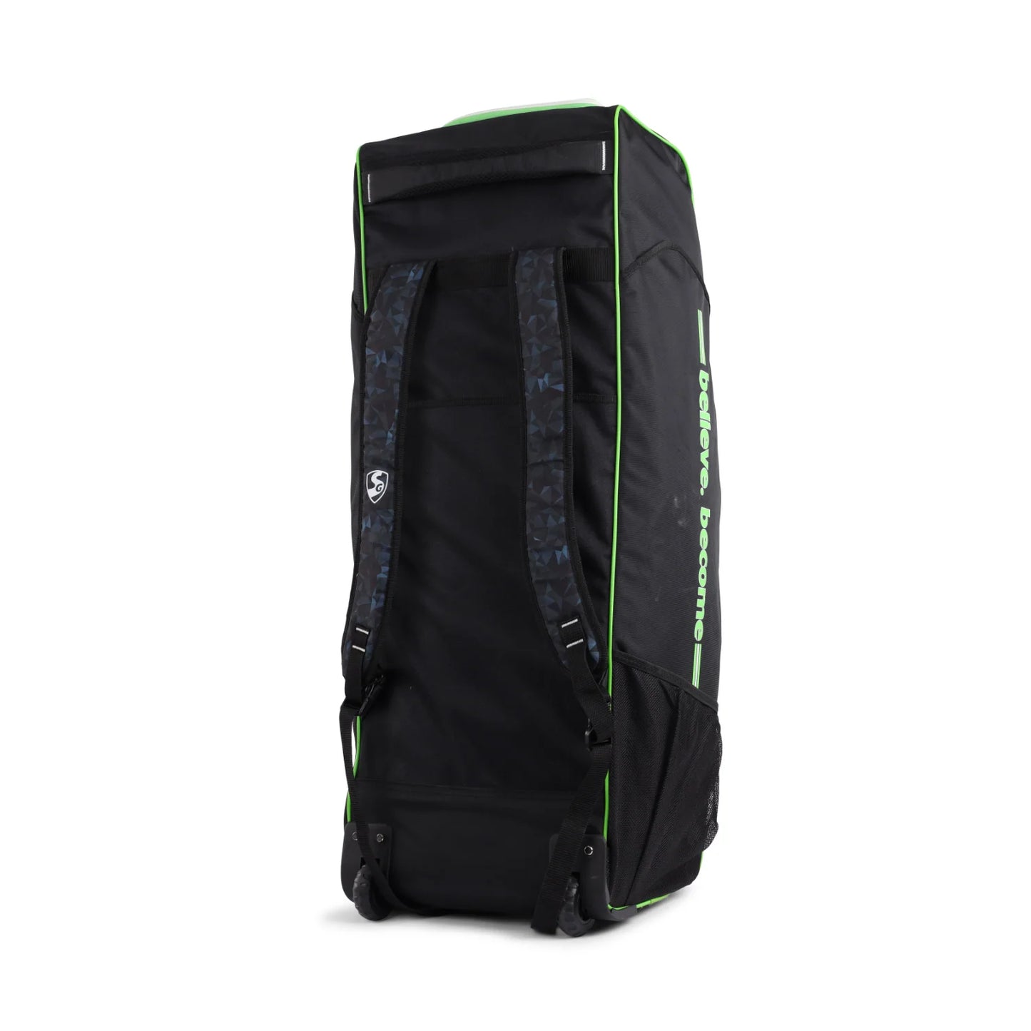 Cric Studio Canada SG Jaffa Duffle Whellie 2.0 kitbag with black and orange design, sturdy handles, and wheels for easy carrying.