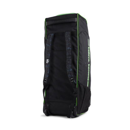 Cric Studio Canada SG Jaffa Duffle Whellie 2.0 kitbag with black and orange design, sturdy handles, and wheels for easy carrying.