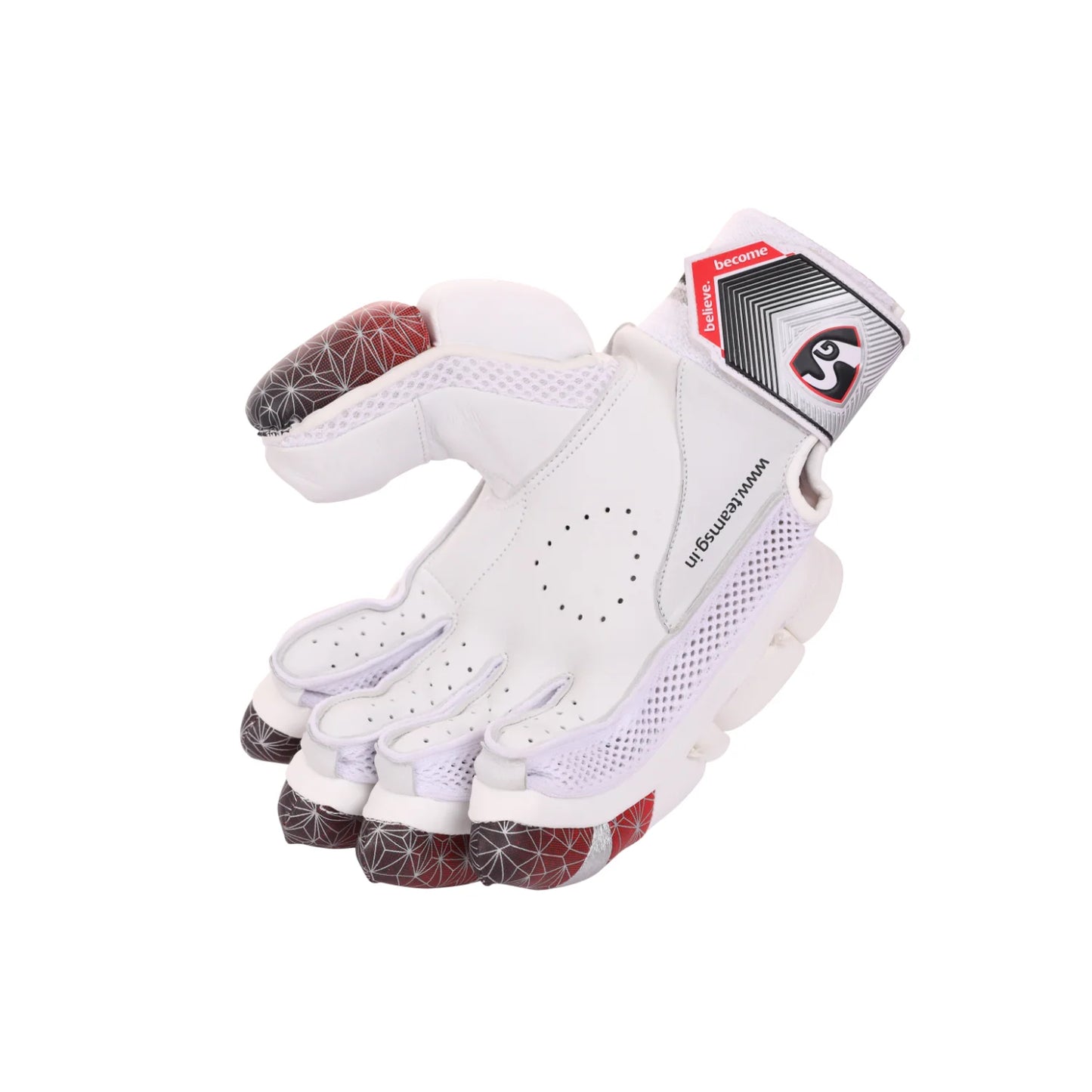 Cric Studio Canada SG Test Batting Gloves, black and red cricket batting gloves with padded palms and adjustable wrist straps.