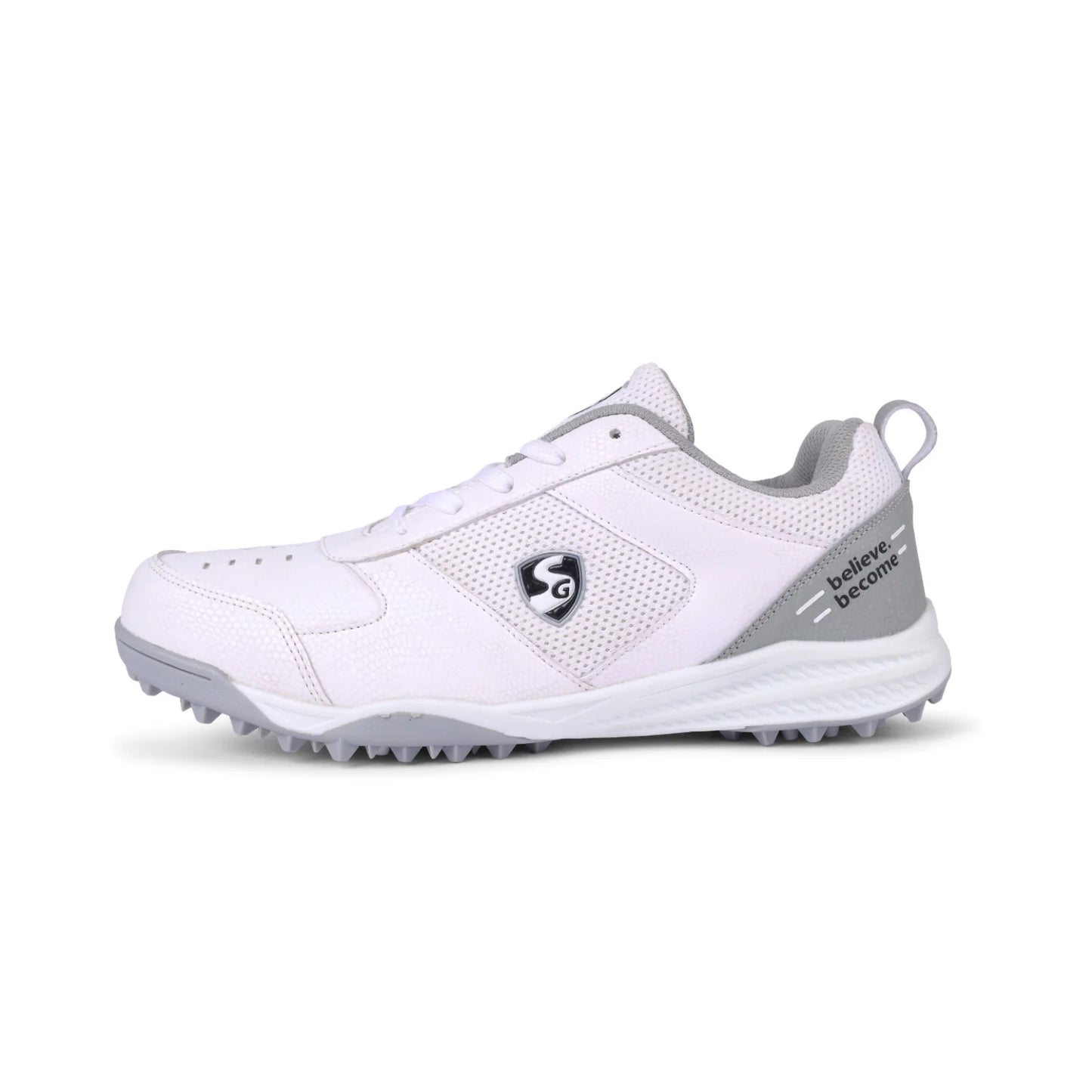 SG Cricket Shoes Fusion, white and blue athletic shoes with breathable mesh and cushioned soles for comfort and performance.