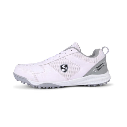 SG Cricket Shoes Fusion, white and blue athletic shoes with breathable mesh and cushioned soles for comfort and performance.