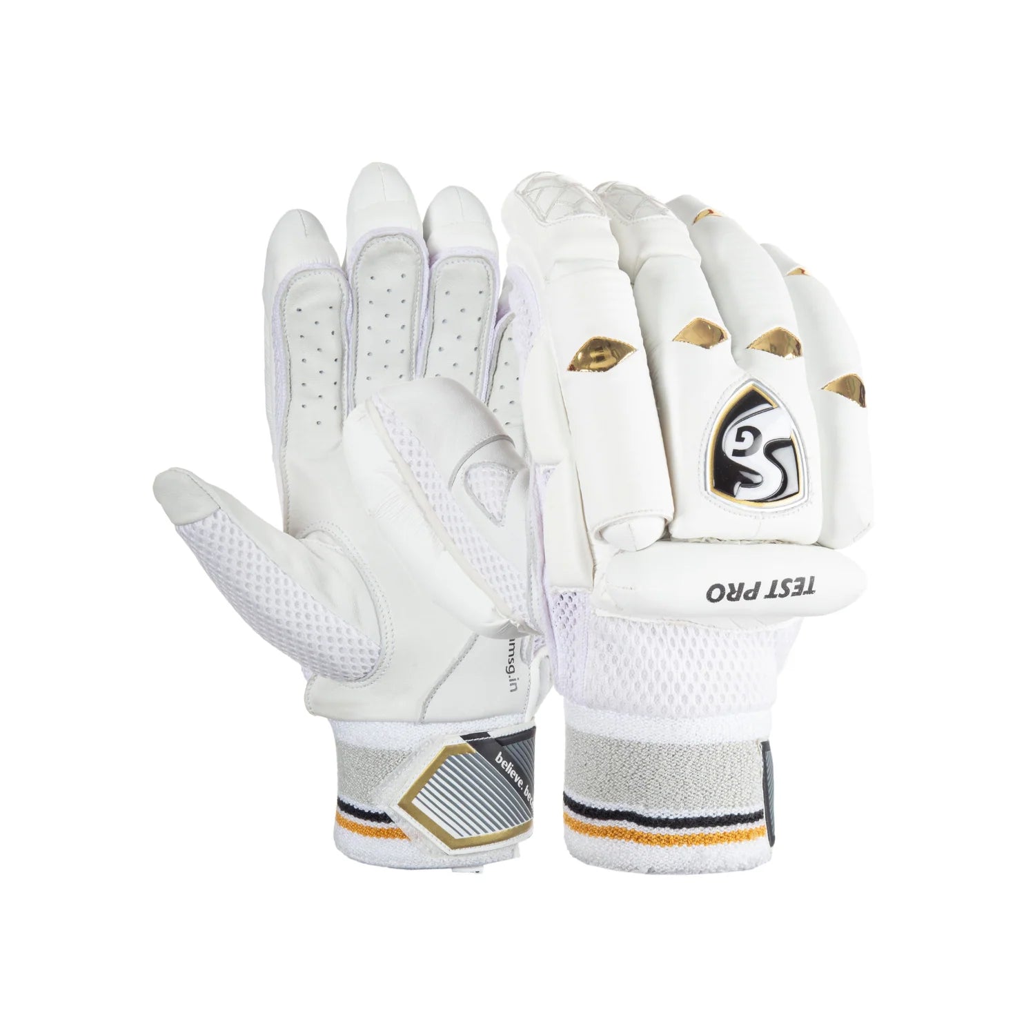 Cric Studio Canada SG Test Pro batting gloves with padded palms and adjustable wrist straps for cricket batting.