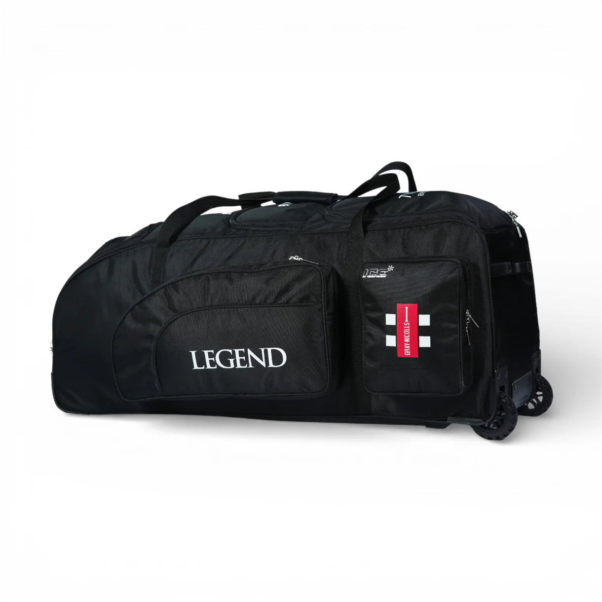 Gray-Nicolls GN10 Legend cricket trolley kitbag with multiple compartments and sturdy wheels, designed for cricket players.