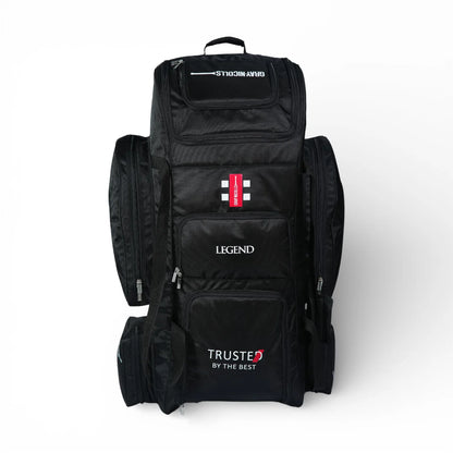 Gray-Nicolls GN10 Legend cricket kitbag with multiple compartments and sturdy wheels, designed for convenient cricket equipment transport.