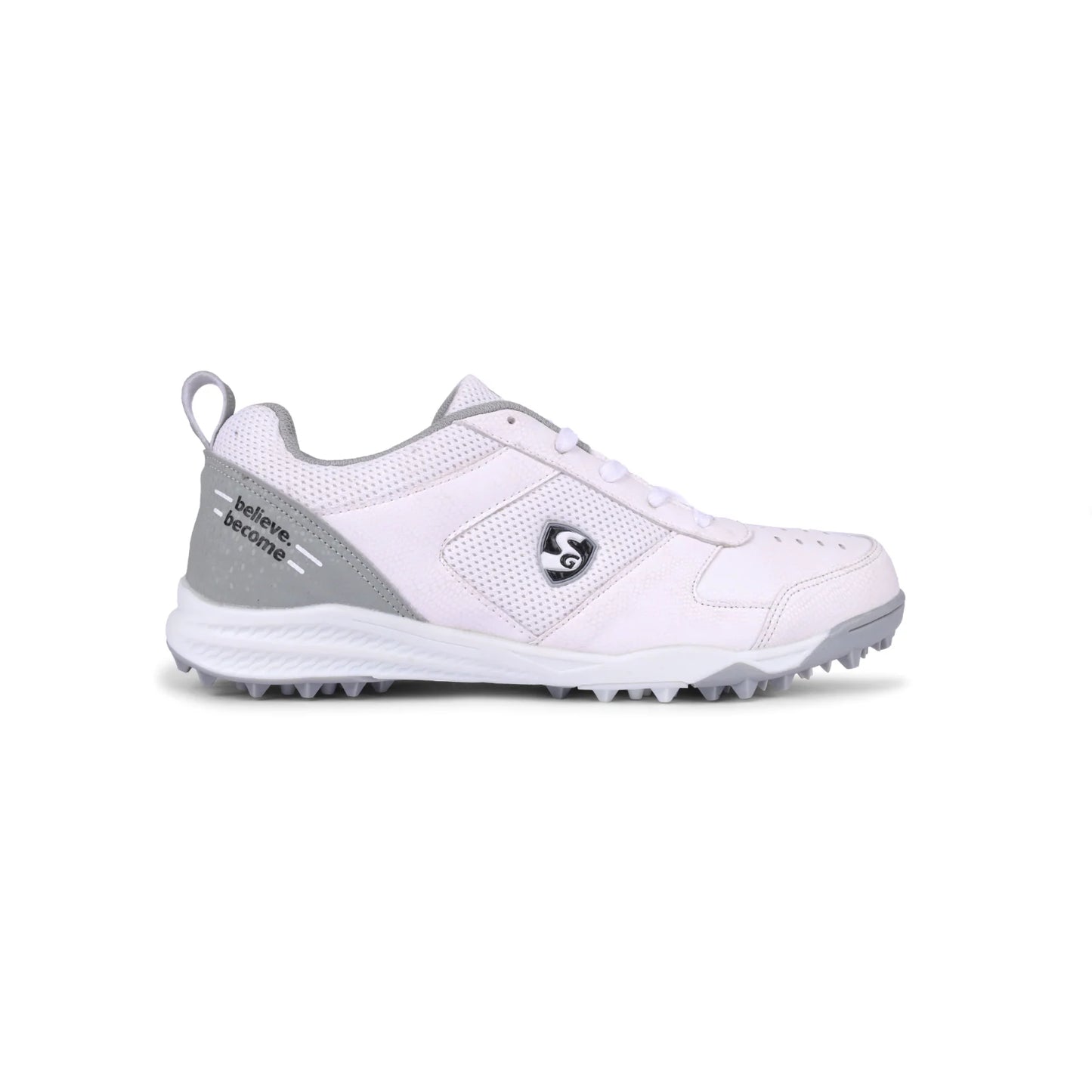 SG Cricket Shoes Fusion with black and white design, featuring breathable material and supportive sole for on-field performance.