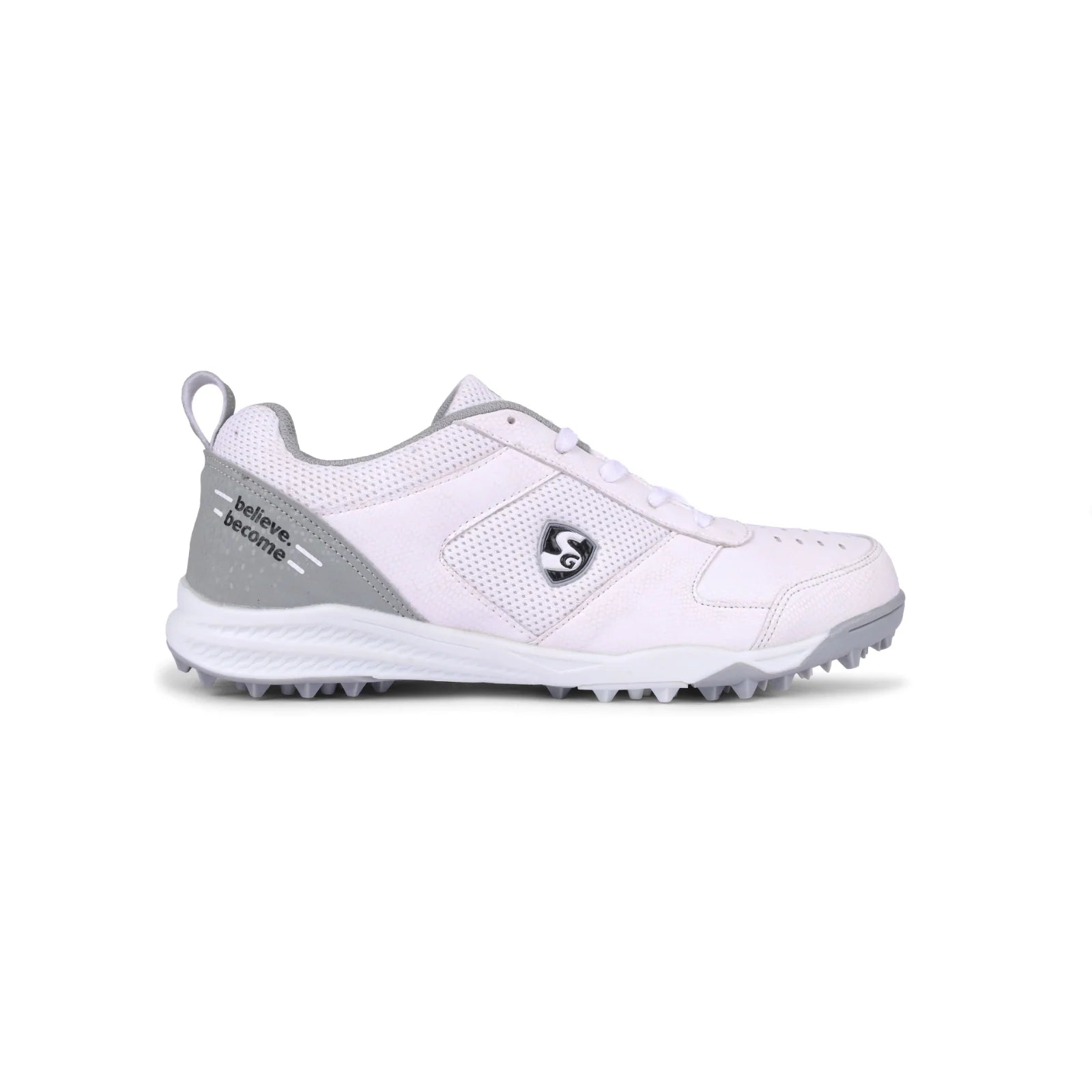 SG Cricket Shoes Fusion with black and white design, featuring breathable material and supportive sole for on-field performance.
