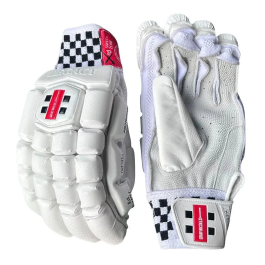 Gray-Nicolls GN10 Legacy batting gloves with padded palms and adjustable straps, designed for cricket players.