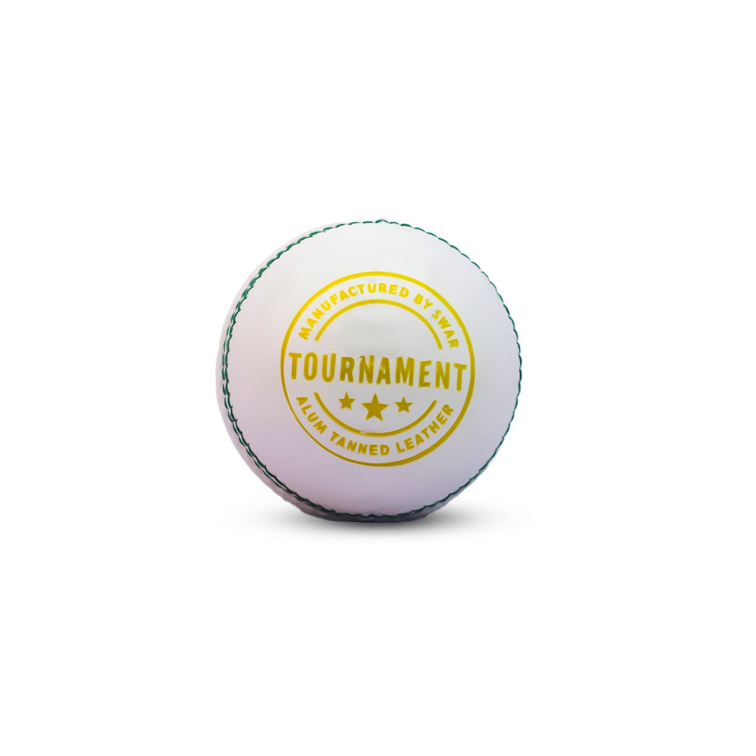 Cric Studio Canada Swar Tournament White leather cricket ball with red seam and branding, close-up view.