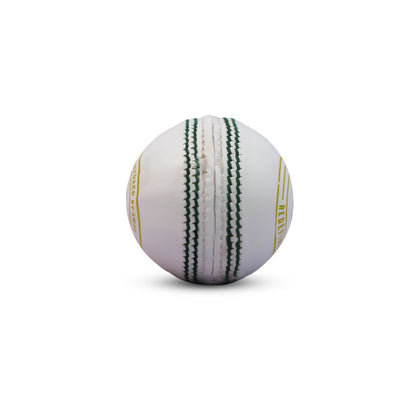 White leather cricket ball with "Swar Tournament" branding, featuring stitching details, designed for cricket matches.