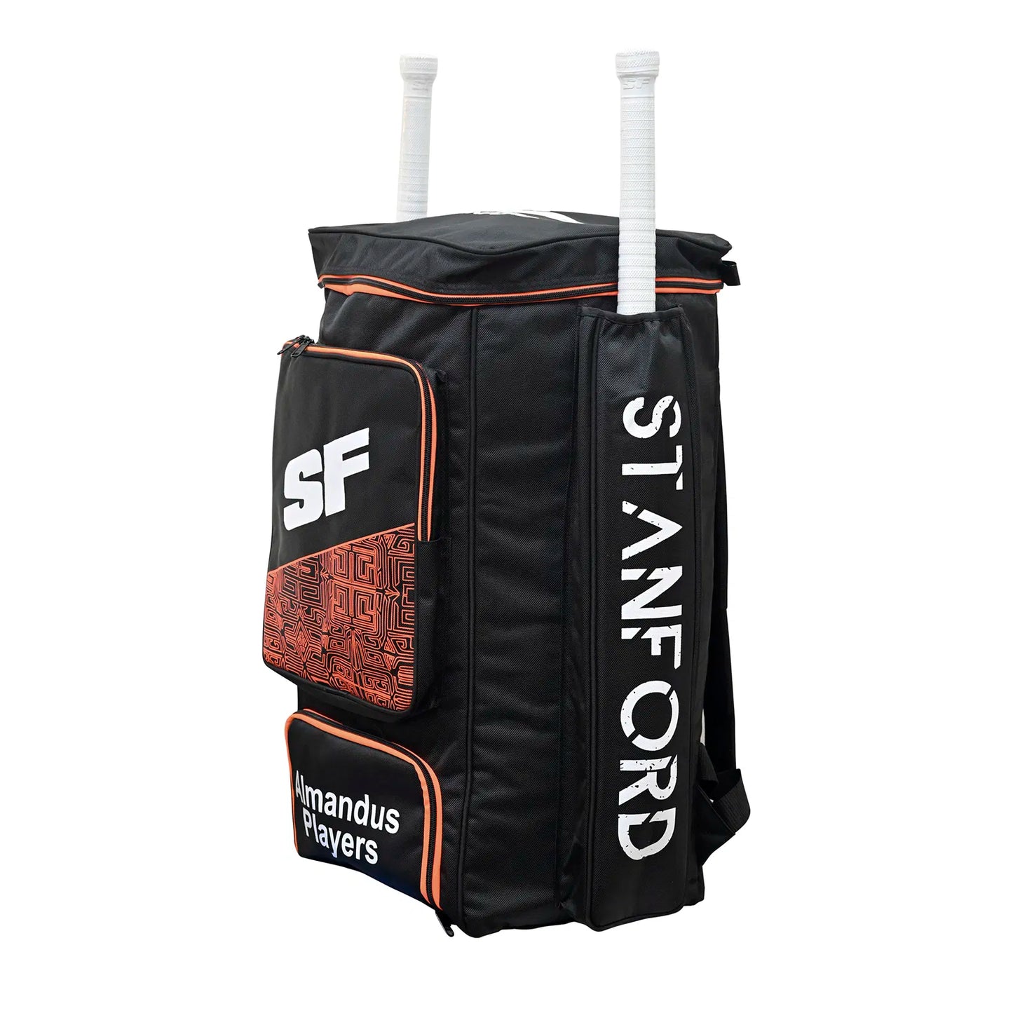 Cric Studio Canada SF Almandus player kit bag in black with shoulder strap and multiple compartments for cricket gear storage.
