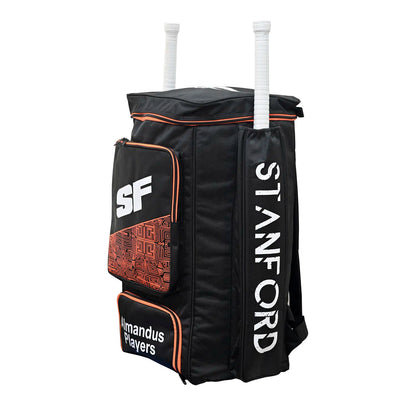 Cric Studio Canada SF Almandus player kit bag in black with shoulder strap and multiple compartments for cricket gear storage.