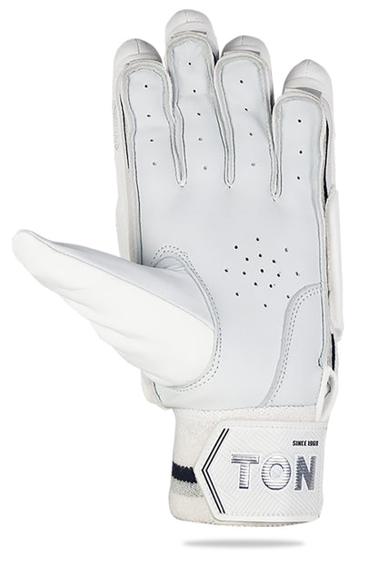 Cric Studio Canada SS TON Test New Batting Gloves, black and white cricket batting gloves with padded palms and adjustable straps.