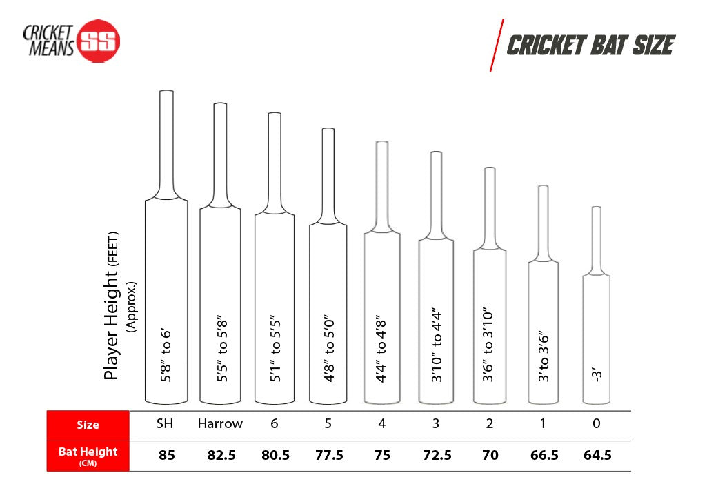 Cricket bat from Cric Studio Canada, SS C/Bat Ton Vertu EW, shown with size chart and features for optimal performance.