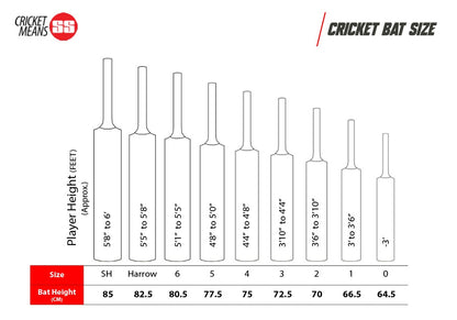 Cricket bat from Cric Studio Canada, SS C/Bat Ton Vertu EW, shown with size chart and features for optimal performance.