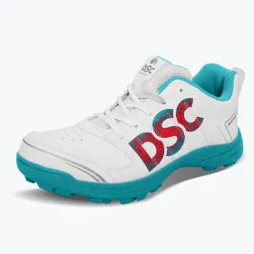 DSC Beamer X cricket shoes with white and blue design, lightweight sports shoes for cricket players, shown from front angle.