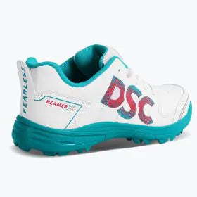DSC Beamer X cricket shoes with white and blue design, lightweight sports footwear for cricket players with cushioned soles and grip soles.