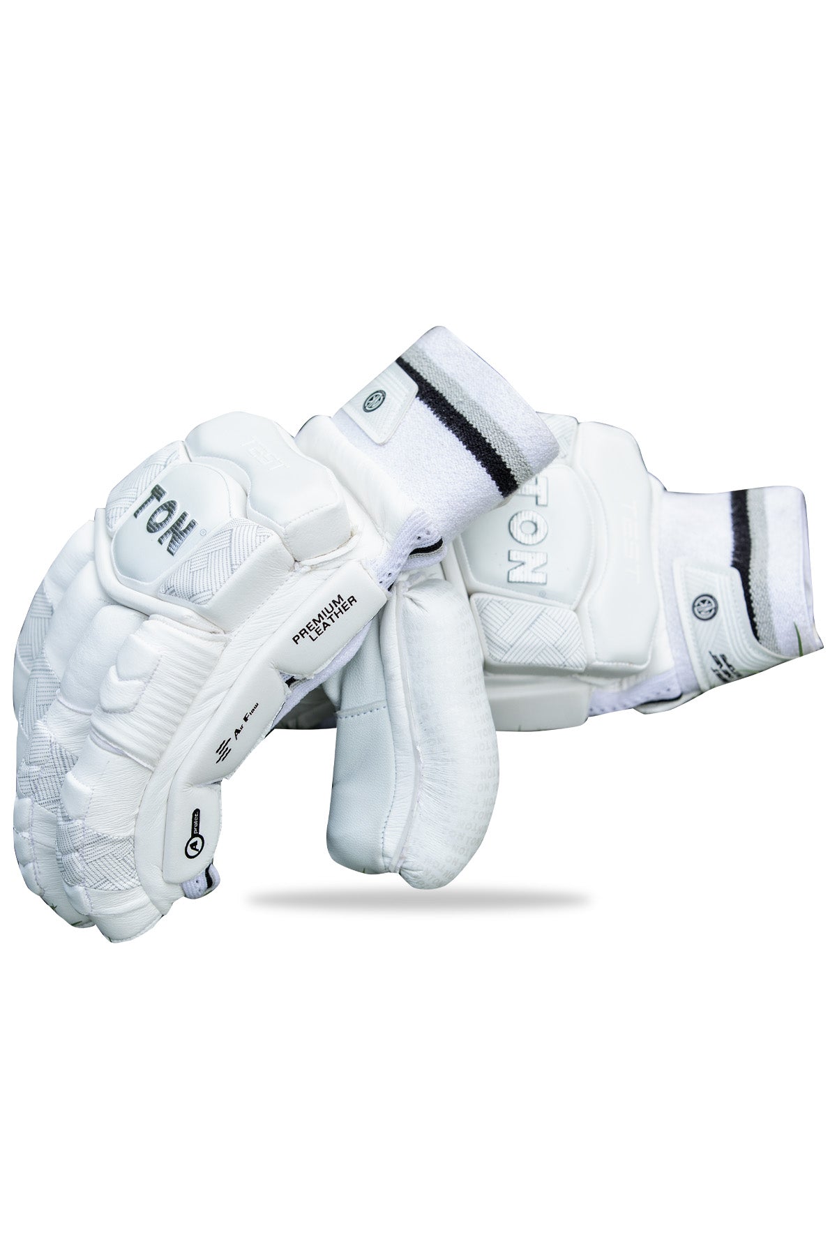 Cric Studio Canada SS TON Test New Batting Gloves, black and red cricket gloves with padded palms and adjustable wrist straps.
