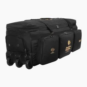 Black DSC 1001 Wheelie Kit Bag by Cric Studio Canada, full kit with wheels and handles, designed for easy transportation of gear.