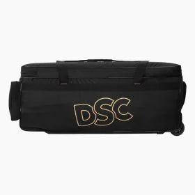 Black DSC 1001 Wheelie Kit Bag from Cric Studio Canada, full kit with sturdy wheels and ample storage for travel or organization.