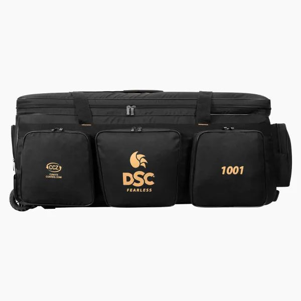 Black DSC 1001 Wheelie Kit Bag by Cric Studio Canada, full kit with wheels and handles for easy transport and storage.