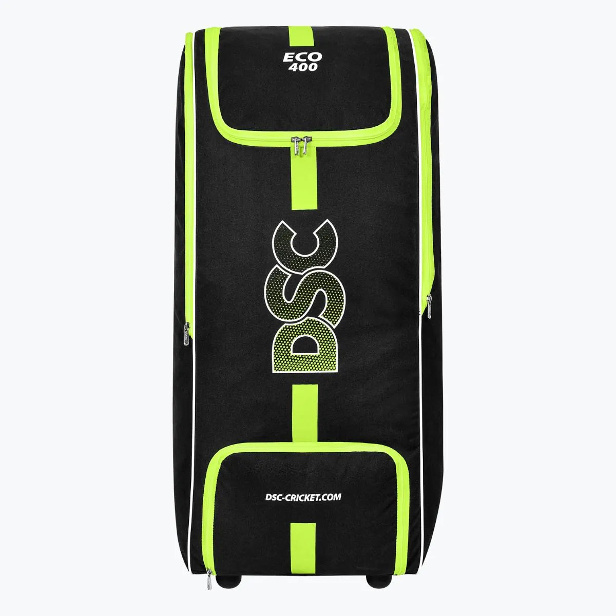 Cricket kitbag DSC Eco 400 Wheelie Kitbag by Cric Studio Canada with wheels, multiple compartments, and sturdy carry handles.