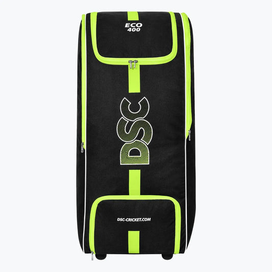 Cricket kitbag DSC Eco 400 Wheelie Kitbag by Cric Studio Canada with wheels, multiple compartments, and sturdy carry handles.