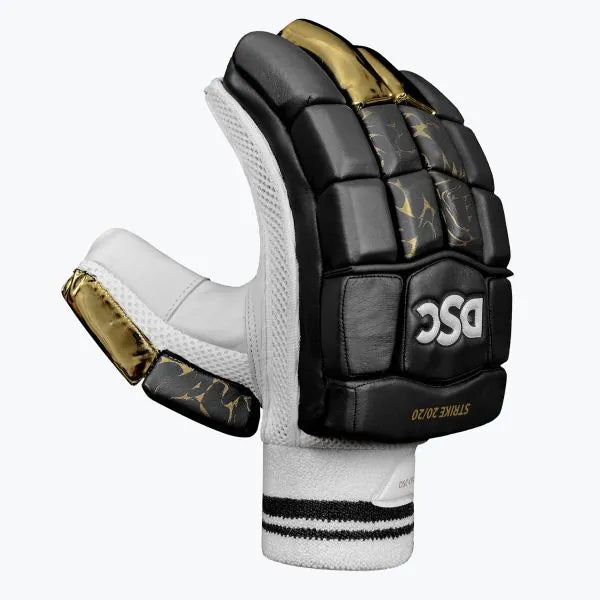 Black DSC Strike 20/20 batting gloves by Cric Studio Canada, showing padded finger protection and breathable material.