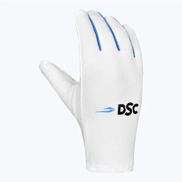 Sky-white DSC Glider Inner Batting Gloves by Cric Studio Canada, showing close-up of the lightweight, padded cricket batting accessories.