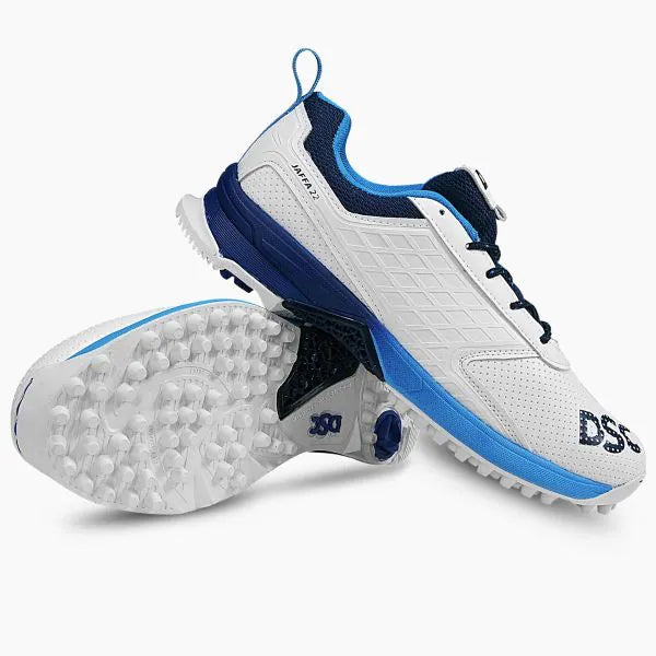 DSC Jaffa 22 cricket shoes in white and navy with breathable mesh and rubber sole, designed for comfort and performance