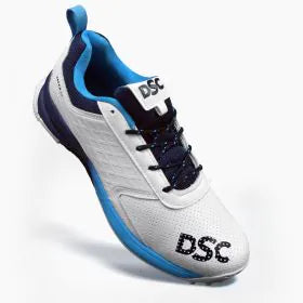 DSC Jaffa 22 cricket shoes in white and navy with sporty design and lace-up closure, suitable for athletic cricket play.