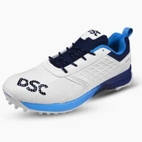 DSC Jaffa 22 cricket shoes in white and navy with sport-specific design and breathable material for optimal performance.