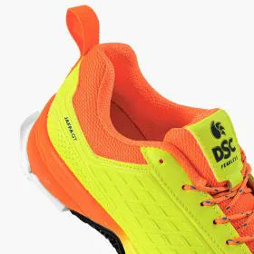 DSC Jaffa GT cricket shoes, black athletic shoes with white accents, featuring durable sole and breathable design for sports performance.