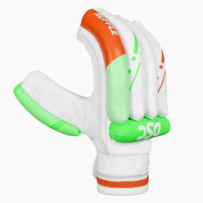 White and green DSC Ruffle Batting Gloves by Cric Studio Canada with orange accents, designed for cricket batting comfort.