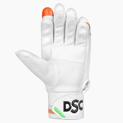 White, green, and orange DSC Ruffle Batting Gloves by Cric Studio Canada with ruffle design, designed for cricket batting protection