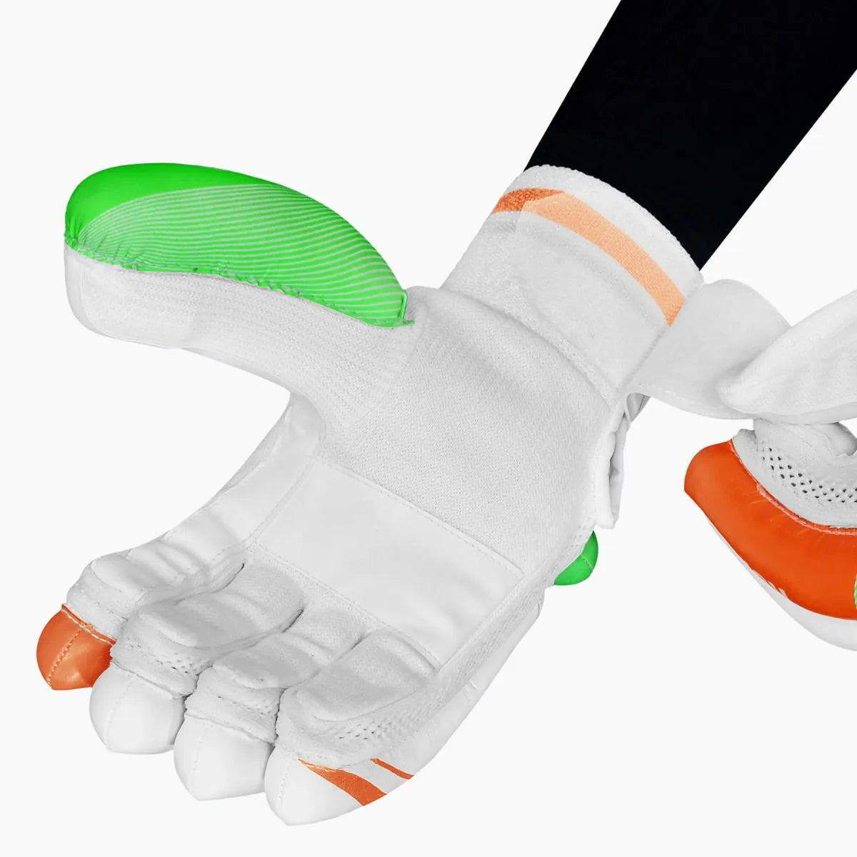White, green, and orange DSC Ruffle Batting Gloves by Cric Studio Canada with ruffle design, for cricket batting protection.