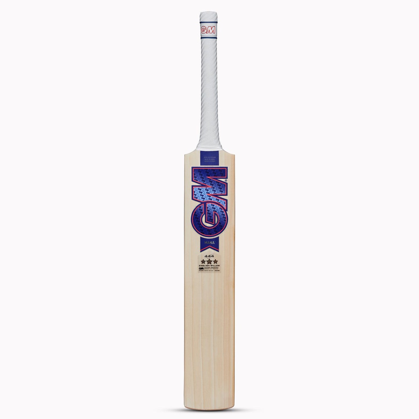 GM 444 Mana English Willow Cricket Bat by Cric Studio Canada, showing the bat's polished wooden blade and handle design.