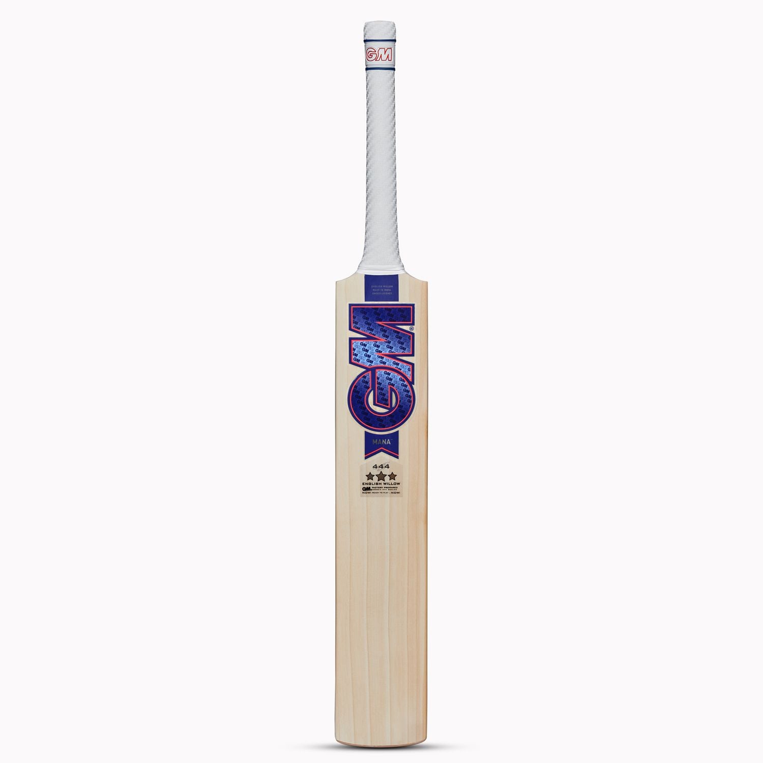 GM 444 Mana English Willow Cricket Bat by Cric Studio Canada, showing the bat's polished wooden blade and handle design.